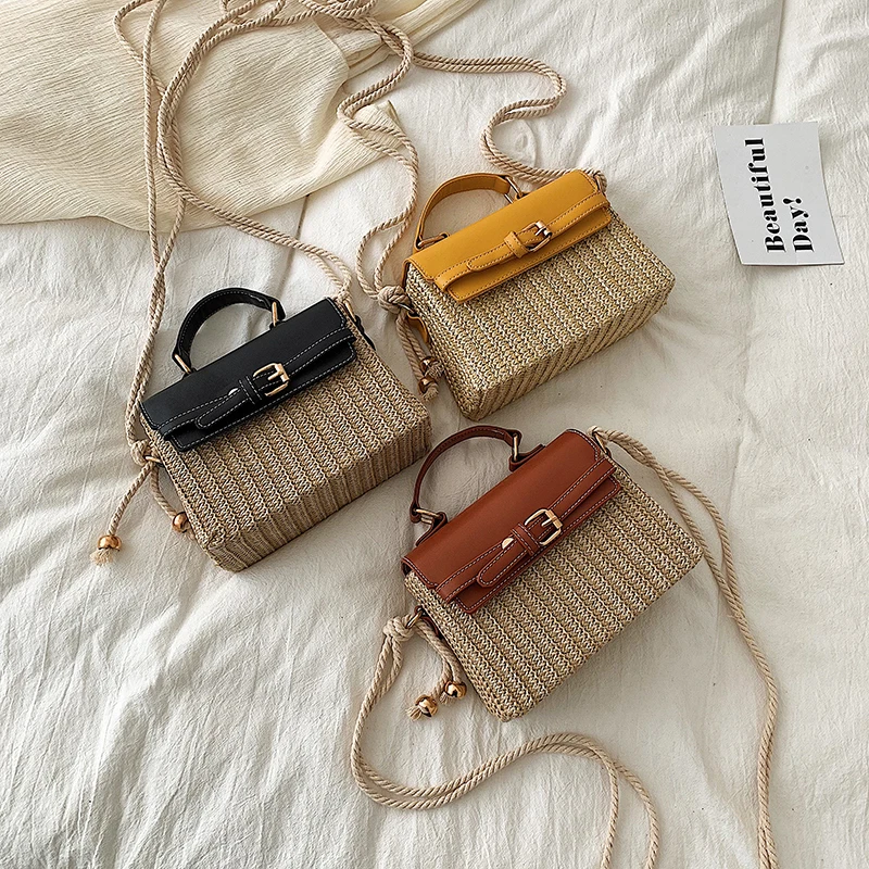 

2022 New Arrivals Ladies Luxury Beach straw woven Handbags Box Weave Purses Hand Bags For Women, 3 colors