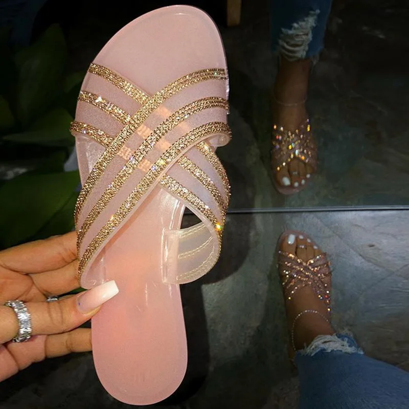 

2022 Outdoor Flat Ladies Shoes Transparent Slippers Fashion Crystal Slippers Women Platform Summer Sandals, As pictures