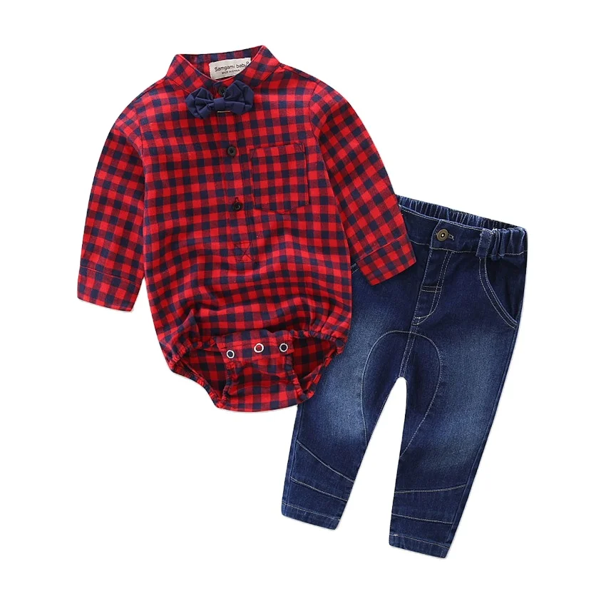 

2021 hot selling Spring and Autumn suit Ins plaid shirt jeans 2 piece suit fashion baby boy clothing sets for wholesale, As pic shows, we can according to your request also