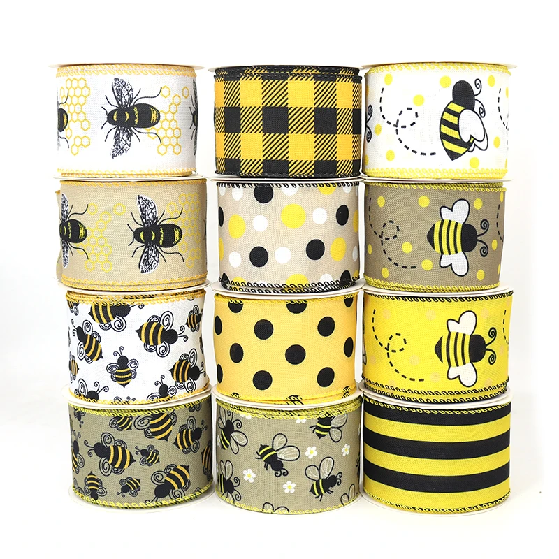 

2.5 inches Bee Ribbon Black and yellow stripes bumble bee Easter Spring ribbon Christmas wired ribbon DIY crafts decoration, As photos and customized