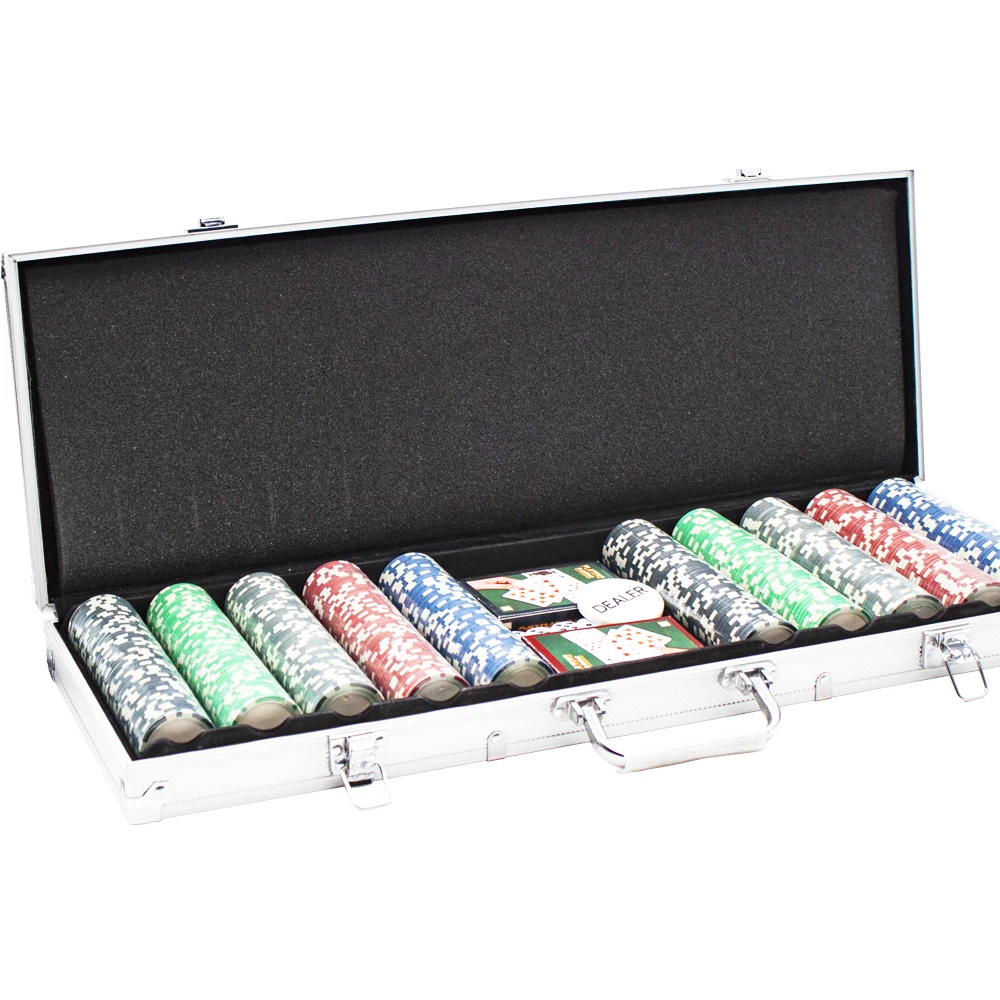 

500 pieces casino chips 2 playing cards 5 dice aluminium case metal slug ABS poker chips, Customized color