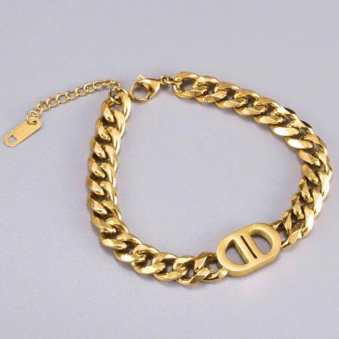 

Simple 316L Stainless Steel Gold Plated Wide Cuban Chain CD Bracelet Titanium Steel Chunky Link Chain Circle Bracelet Jewelry