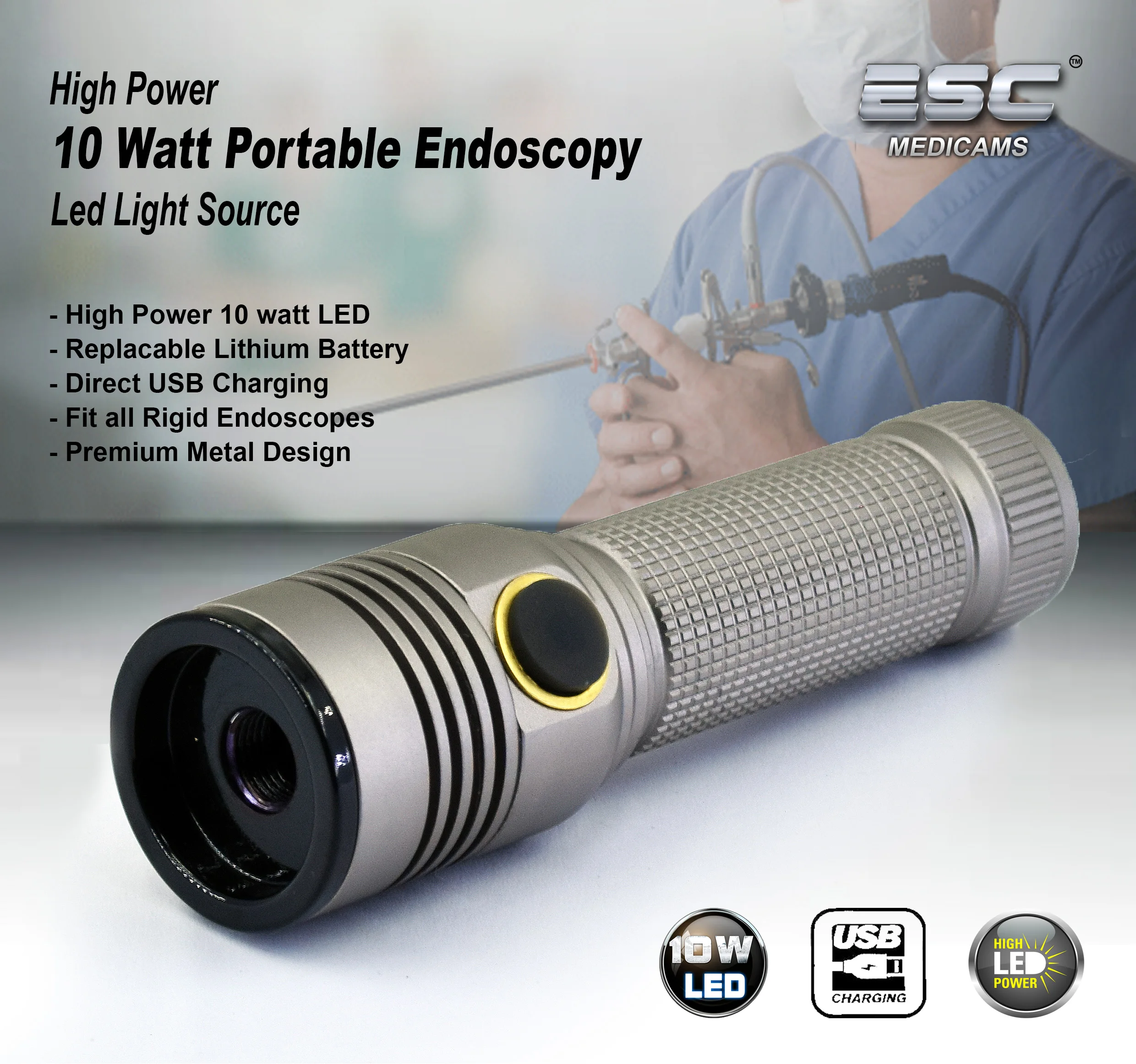 Portable endoscopy cold LED light source for ENT Medical Camera 10 Watt USB Charging