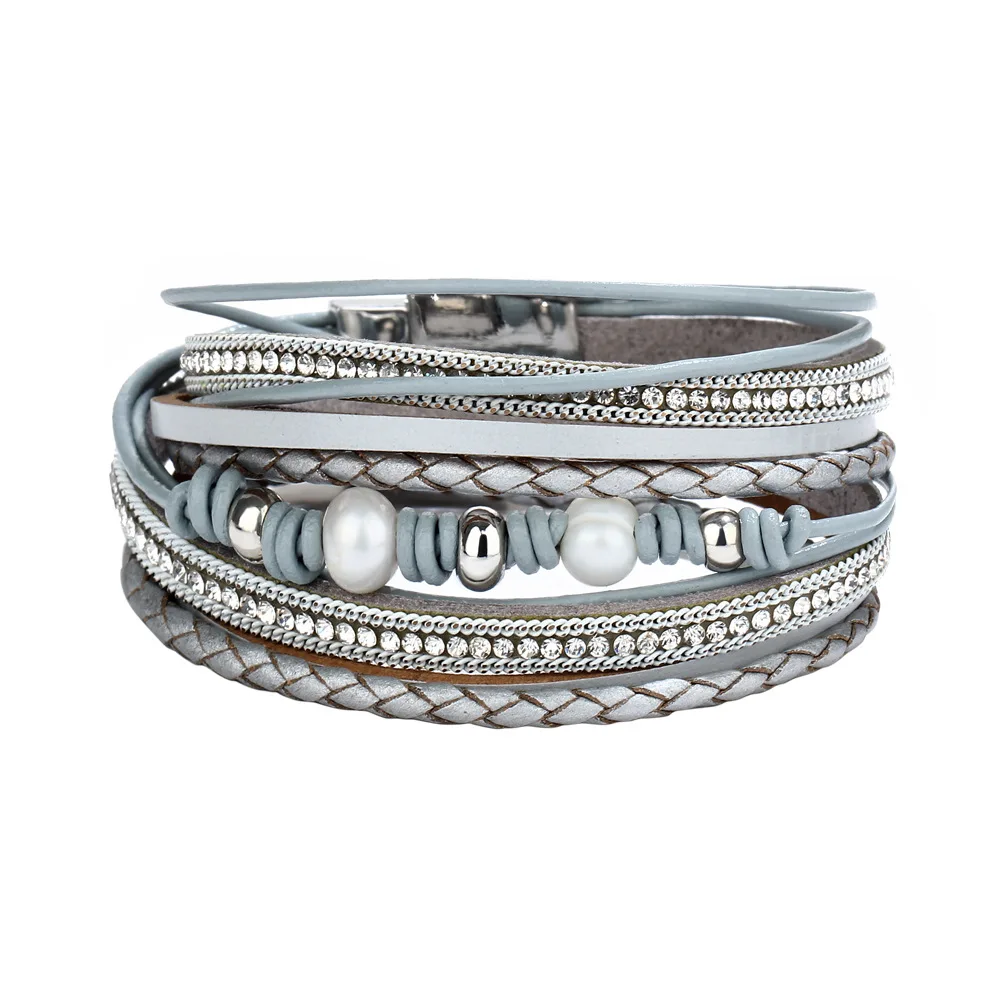 

Fashion Wrap Leather Treaty Bracelet with Multilayers and Crystal Jewelry Gift Bracelets with Magnetic Clasps, Silver