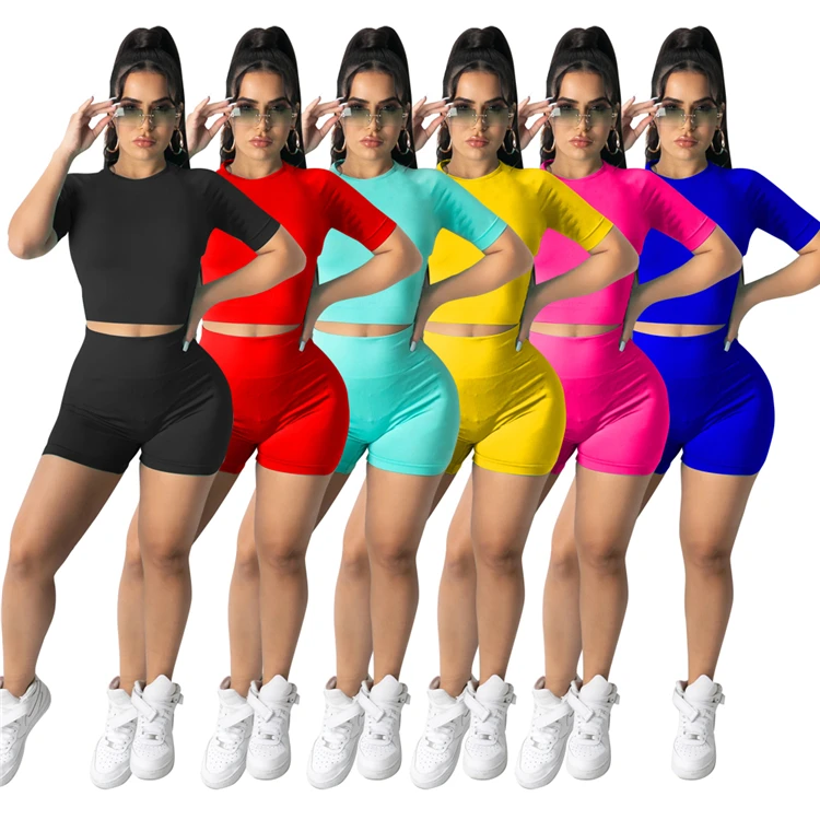 

Sport Ladies Fitness Tracksuit Crop Tops Shorts Summer Jogging Two Piece Sets For Women, Picture shown