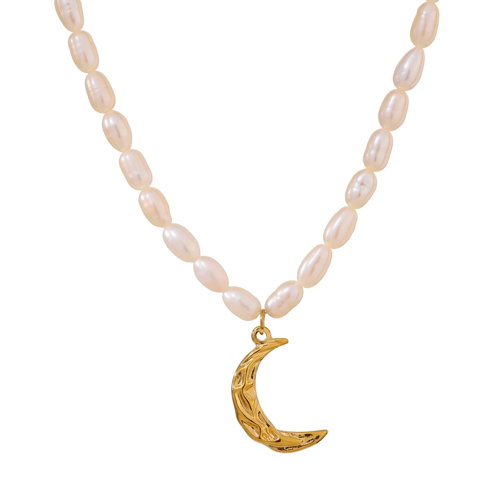 

JINYOU 1017 Luxury Romantic Charm Natural Fresh Water Pearl Moon Necklace 316 Stainless Steel 18K Gold Plated 2022 for Women