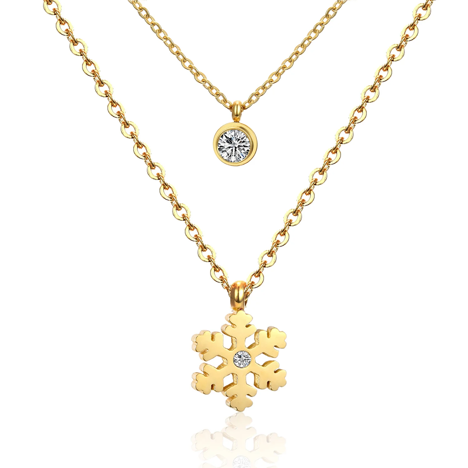 

Zircon Jewelry Fashion Ladies Stainless Steel Double Chain Snowflake Necklace Gold Plated Jewelry, Gold/silver avaliable