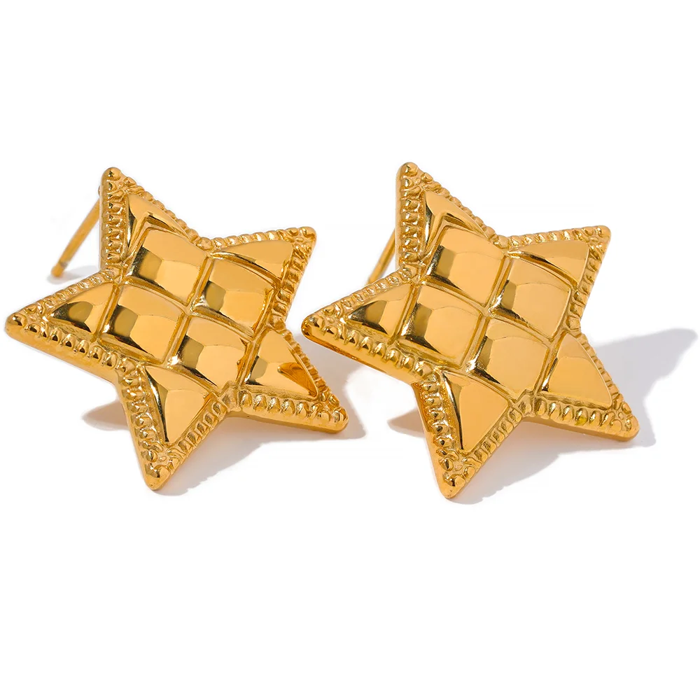 

JINYOU 1716 Stainless Steel Star Texture Fashion Stud Earrings 18K Gold Color Waterproof Charm Metal Trendy Basic Jewelry Women
