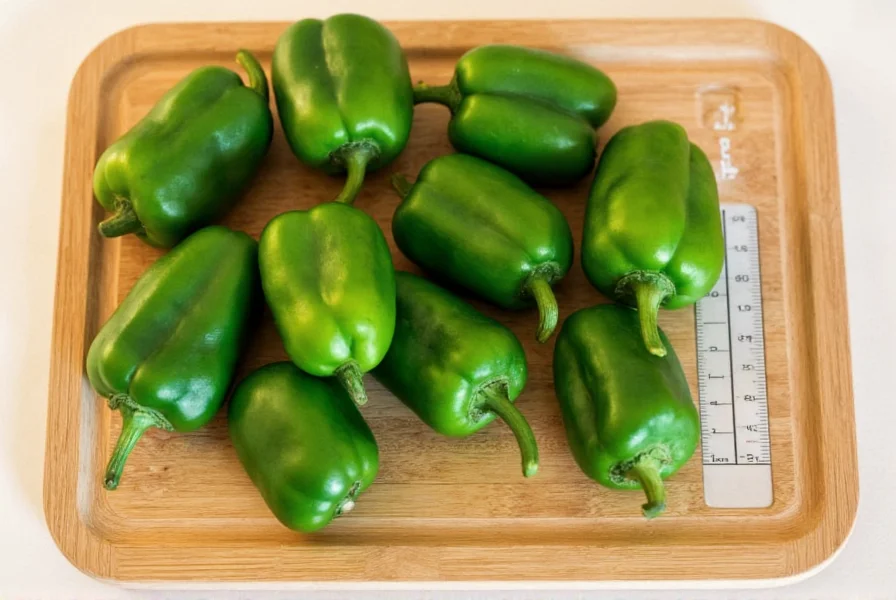 Fresh green poblano peppers on wooden cutting board with measuring scale showing Scoville units
