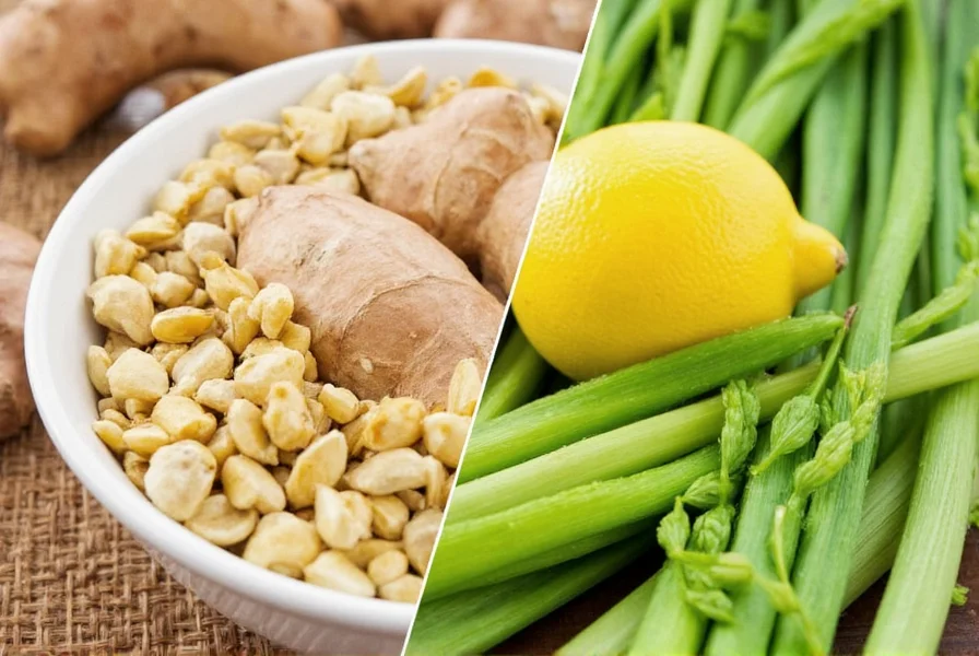 Fresh ginger root and lemongrass stalks arranged on wooden cutting board with tea preparation ingredients