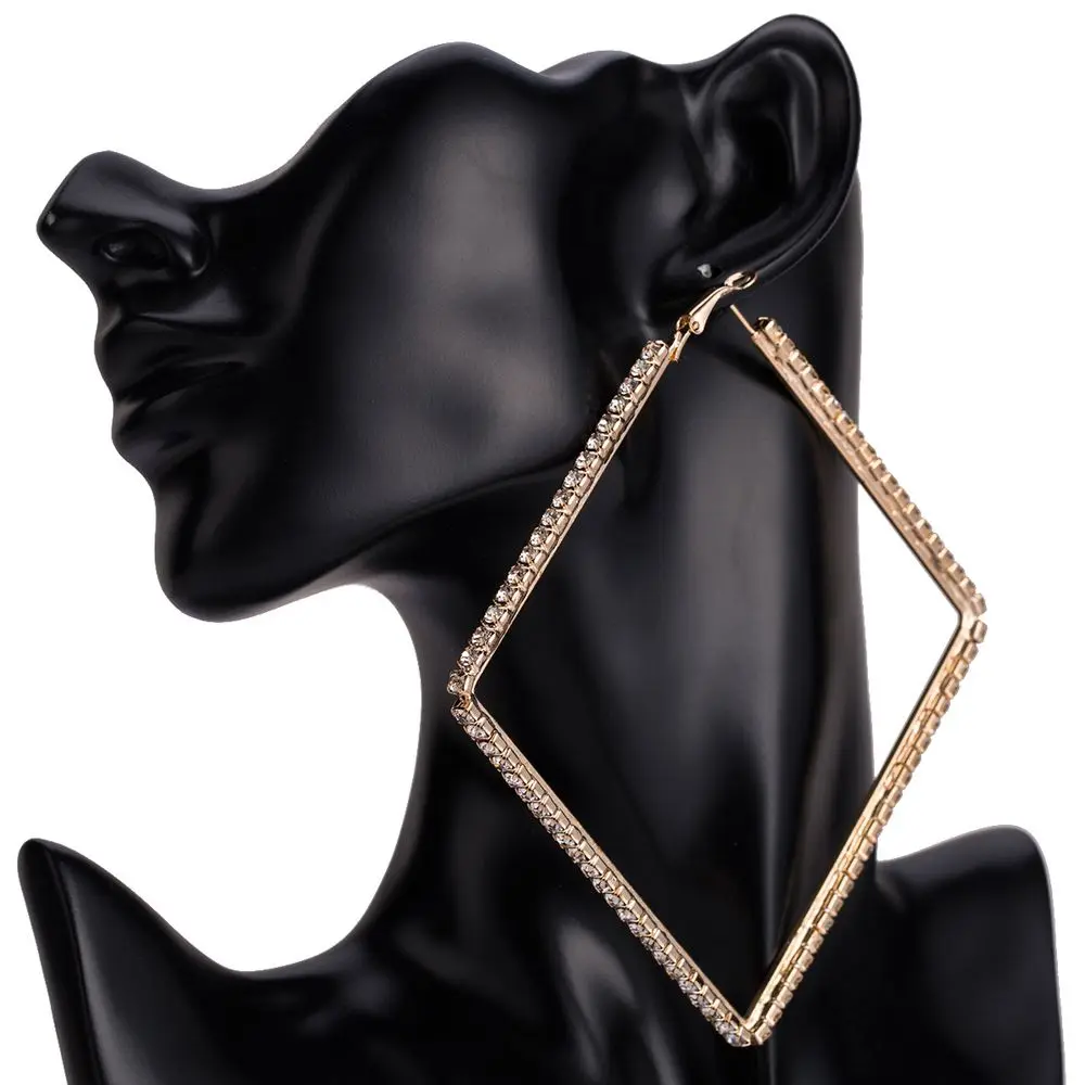 

Luxury Full Rhinestone Square Big Hoop Earrings Trendy Silver Plated Geometric Square Big Hoop Statement Earrings