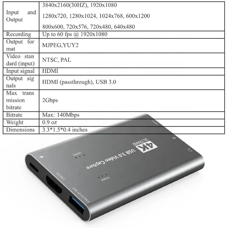 
USB 3.0 audio Video Capture HD 1080 60Hz for mobile phone/tablet/video camera cast screen and audio to your PC and record by PC 