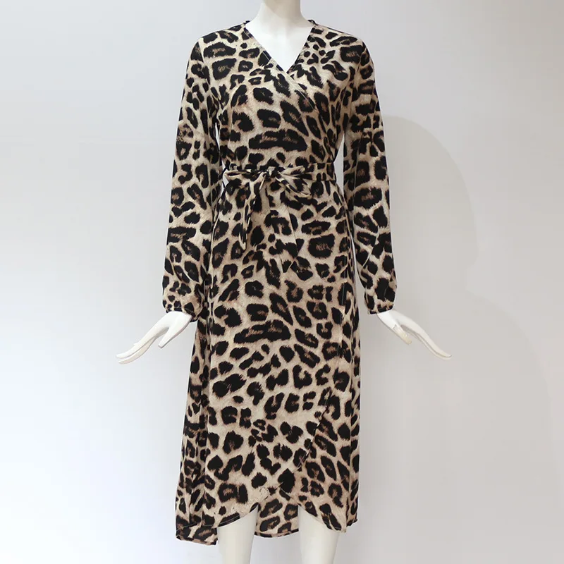 

2020 New Arrival spring summer long sleeve v-neck leopard print fashion design belt women ladies casual dresses