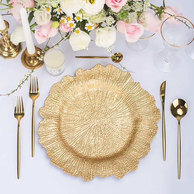 

wholesale designer silver pink black plastic rose gold glass coral charger plates wedding decoration dinner luxury plate charger, Customized color