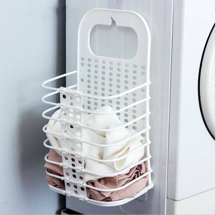 

Bathroom toilet laundry basket plastic storage basket washing machine folding wall-mounted storage basket, White