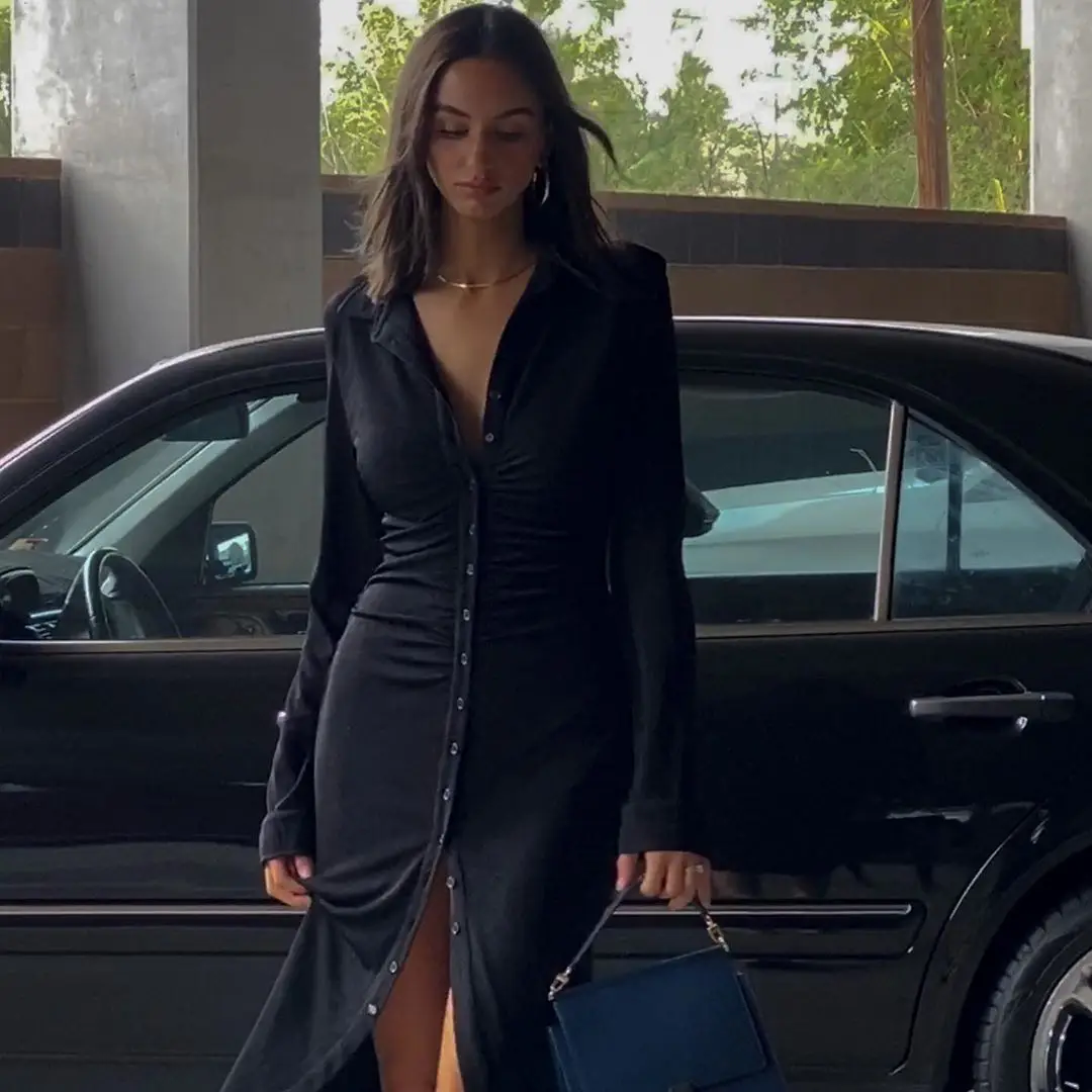 

2021 Spring Fall Ladies Black Sexy Turn-down Collar Pleated Dress Long Sleeve Midi Button Down Shirt Bodycon Dress For Women