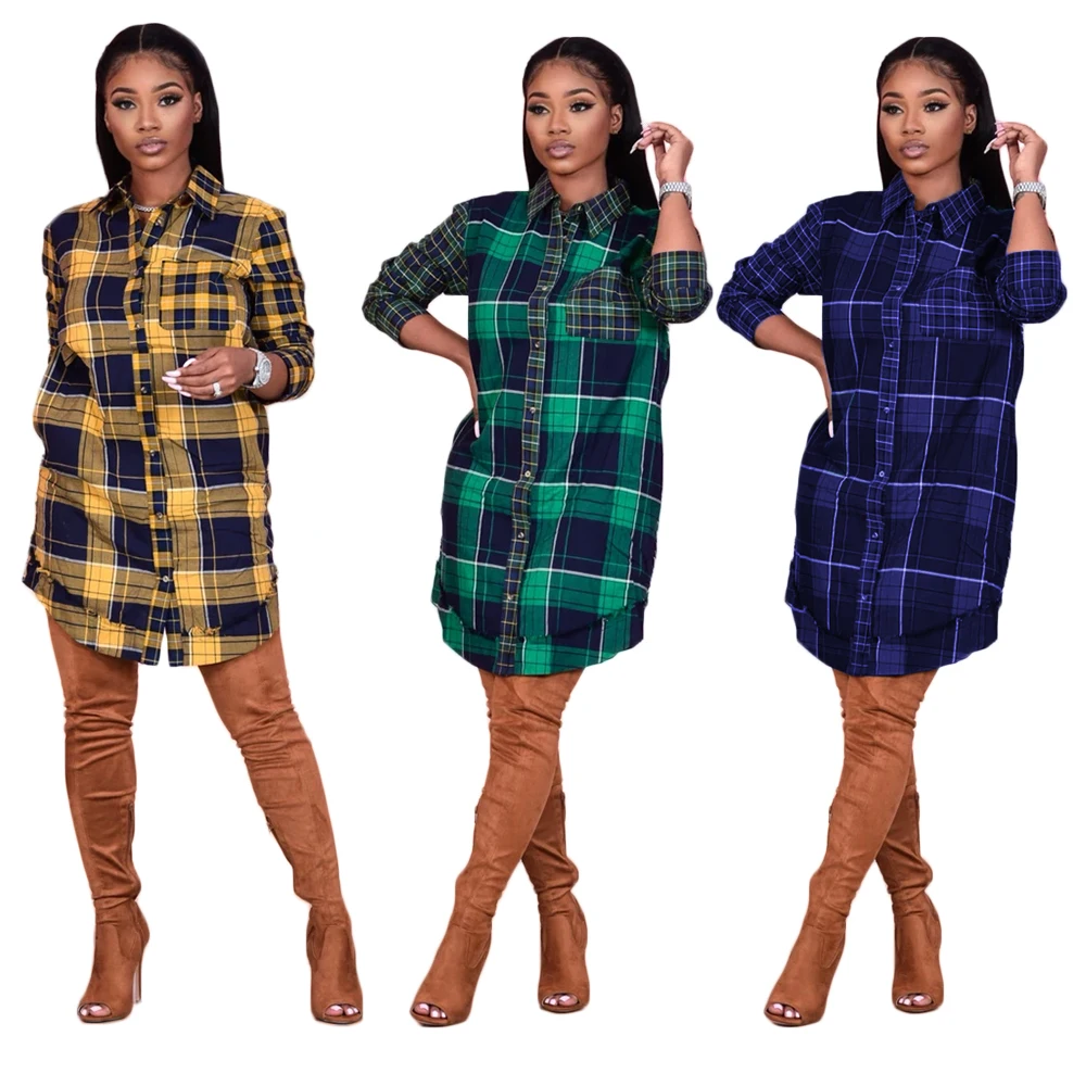 

2021 new European and American spring fashion sexy lapel printed shirt short skirt long sleeve plaid dress, Existing or as customer's require