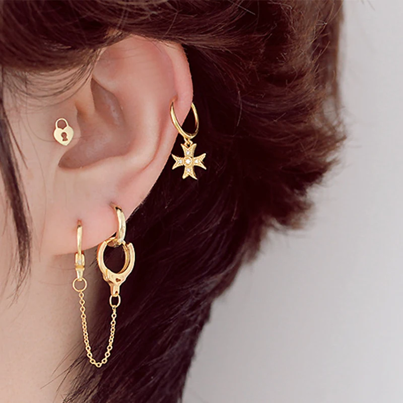 

ENSHIR New Fashion 1PC Double Ear Hole Gold Plated Piercing Earring Double Hoop Chain Tassel Earrings, As picture