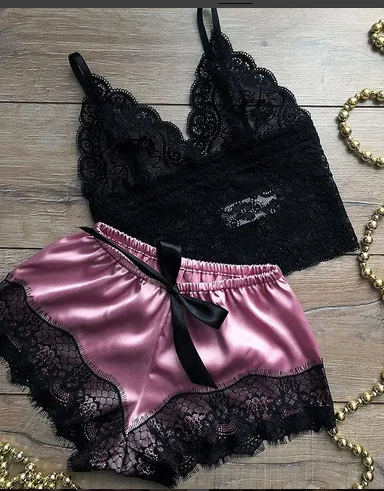 New Sexy Hot Lingerie Women Short Set Satin Lingerie Lace Sleepwear Camisola Sexy