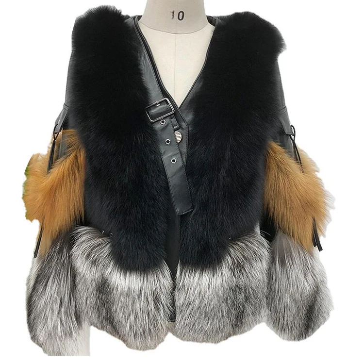 

Newest winter warm women black big V fur collar short motorcycle Leather real fox fur coat, Customized color