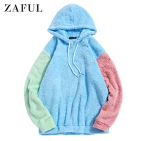 

Color-blocking Splicing Drawstring Fuzzy Mens Hoodies Sweatshirt Washed