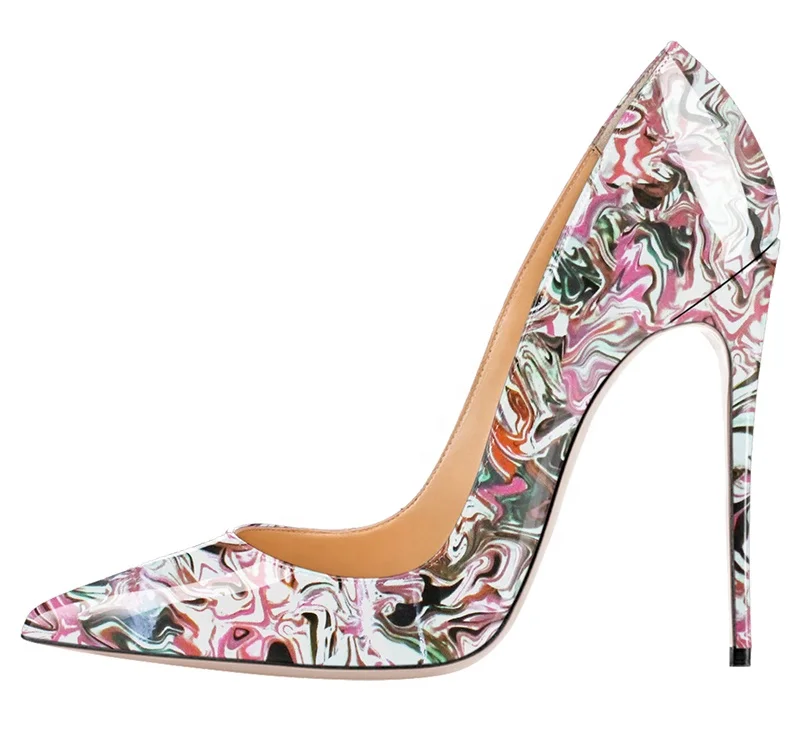 

3d print large size colorful pointed toes women high heel dress shoes leather pumps shoes, Khaki/red bottom