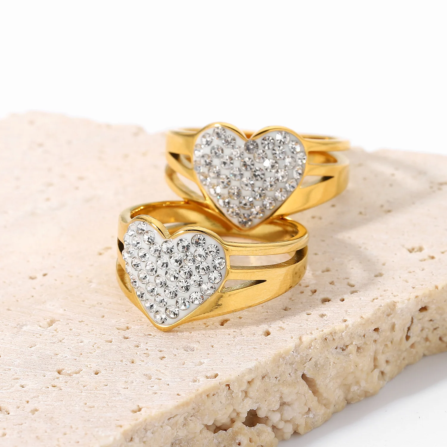 

High Quality 316L Stainless Steel Love Full Drill Big Heart Shape Ring Ladies 18K Gold plated Ring Diamond Rings