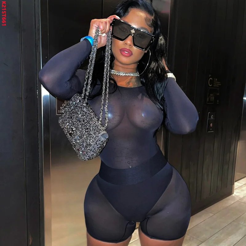 

Bomblook K21ST661 Sexy Women Mesh Outfit Round Neck Long Sleeve Bodysuit High Waist Shorts Club Wear Two Piece Shorts Set