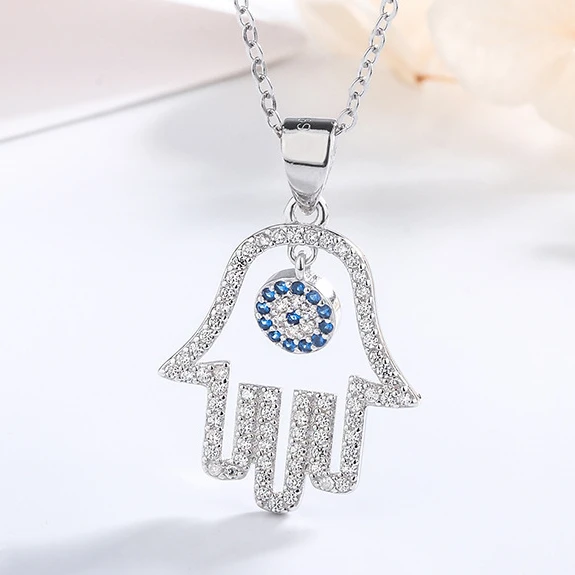 

Wholesale Fashion Hasma fatima hands necklace Sterling Silver Evil Eye Zircon Hand Shaped Pendant Necklace