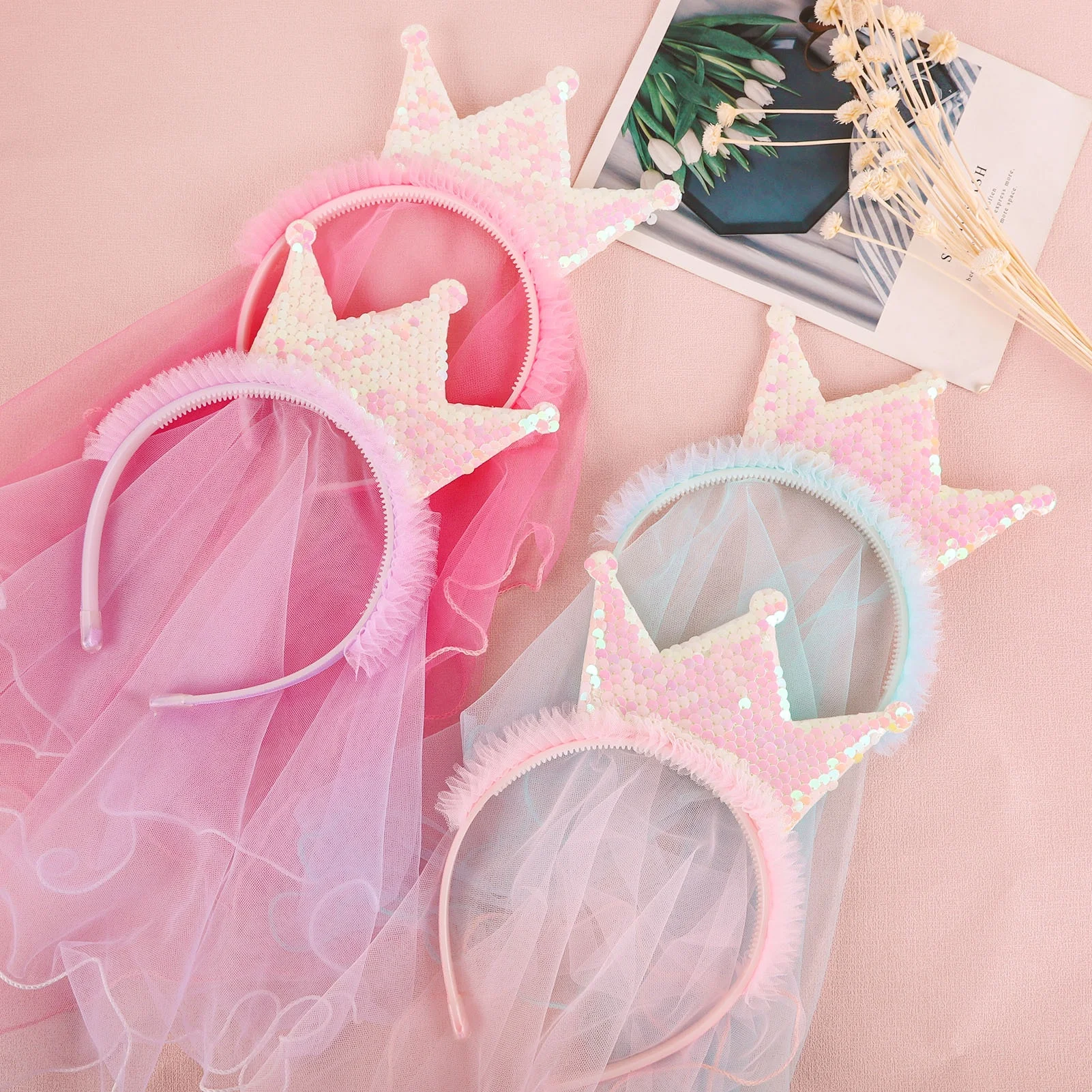 

Korean cute Mesh girl children's headband sequins three-dimensional crown princess headband hair accessories