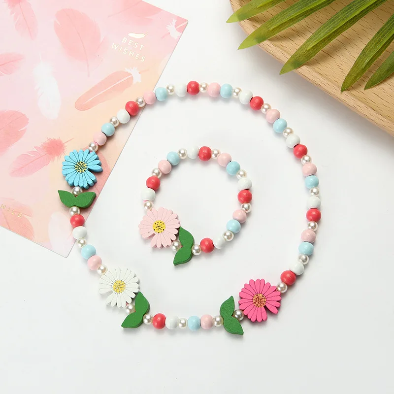 

Summer Cute Colorful Cartoon Wooden Bead Flower Rainbow Animal Child Necklace Bracelet Girl's Gifts Children Jewelry Sets 2021