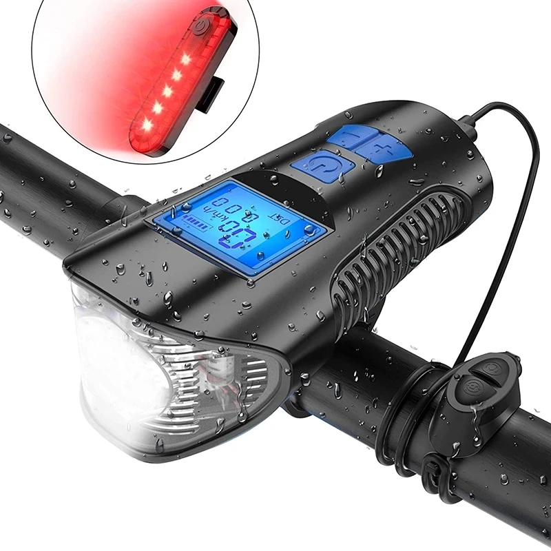 

LED Bike Light USB Rechargeable Bike Front Light and Tail Light Bike Speedometer with Horn Waterproof MTB Cycle Headlight