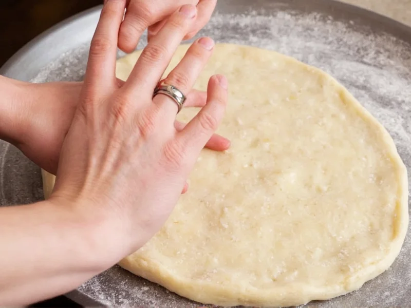 Hand pressing pizza dough into a seasoned pan for baking
