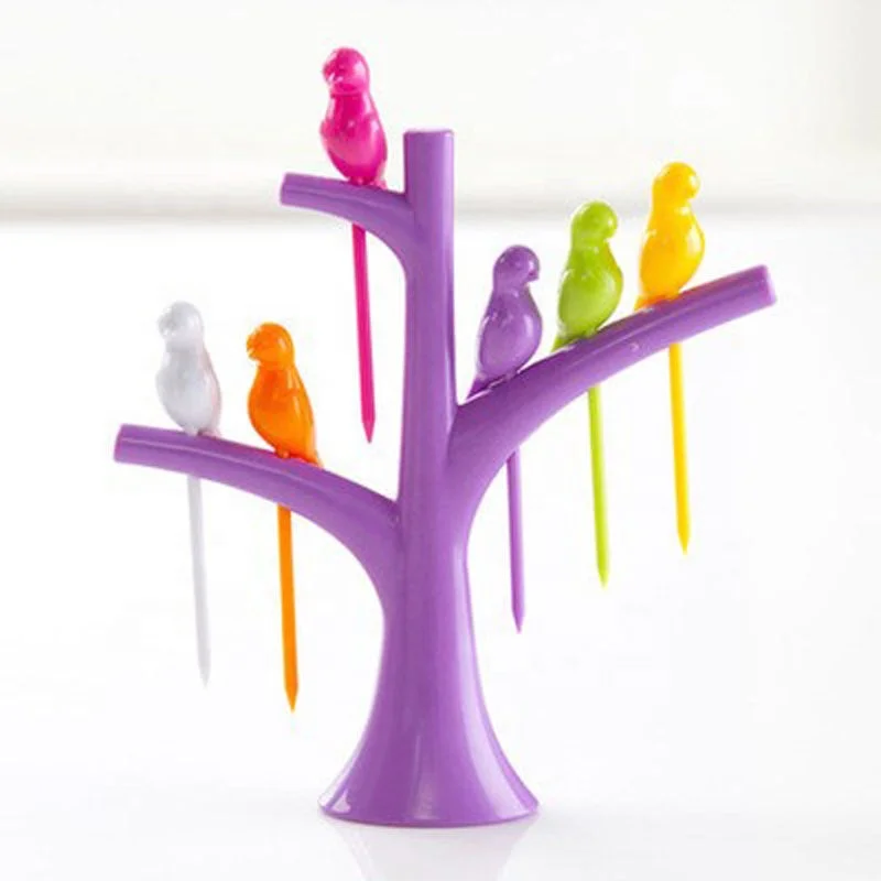 

New Creative Tree Branch Plastic Colorful Bird Shape Fruit Fork For Restaurant