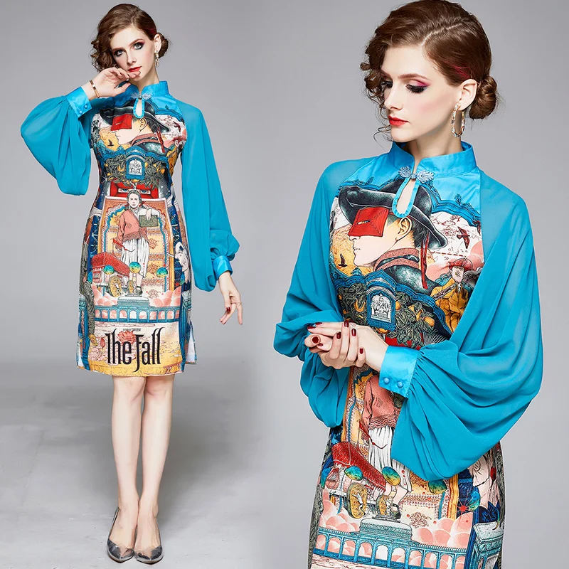

Baroque print hot sale beautiful fashion elegant stand collar long puff sleeve knee length vintage retro ladies cheongsam dress, Sky blue