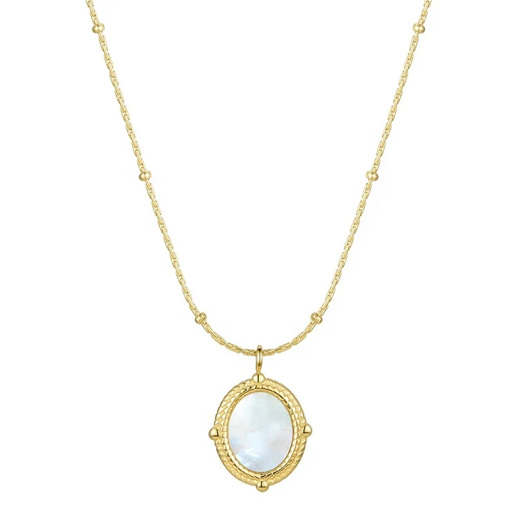 

Latest High Quality 14K Gold Plated Stainless Steel Thin Chain Oval Mother Shell Pendant Necklaces P203127