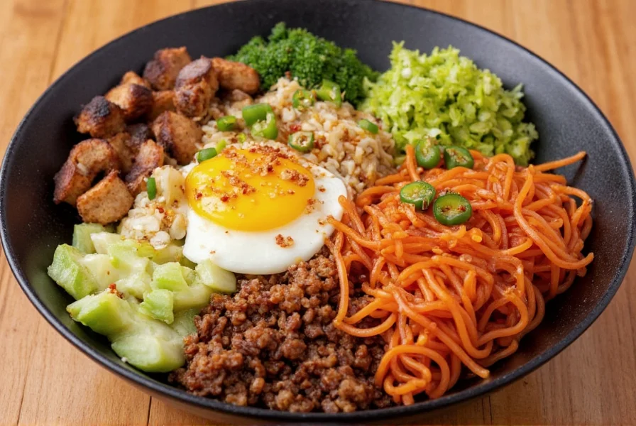 Spicy bimimbap bowl with mixed ingredients