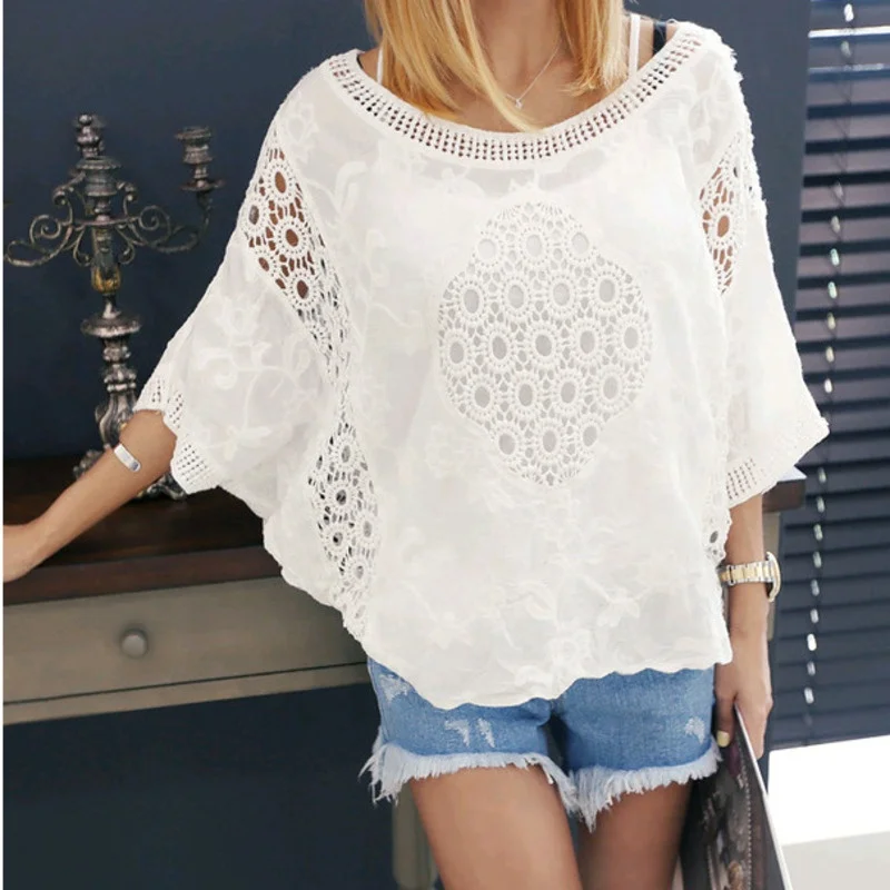 

2024 Bohemian White Shirt Lace Crochet Ladies Cotton Blouse Bat Wing Sleeve Top