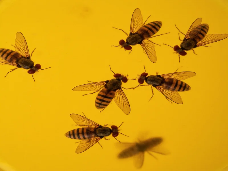 Close-up of fruit flies trapped in vinegar solution