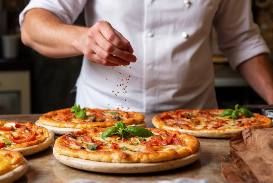 Chef sprinkling red pepper flakes on pizza and pasta dishes demonstrating culinary applications