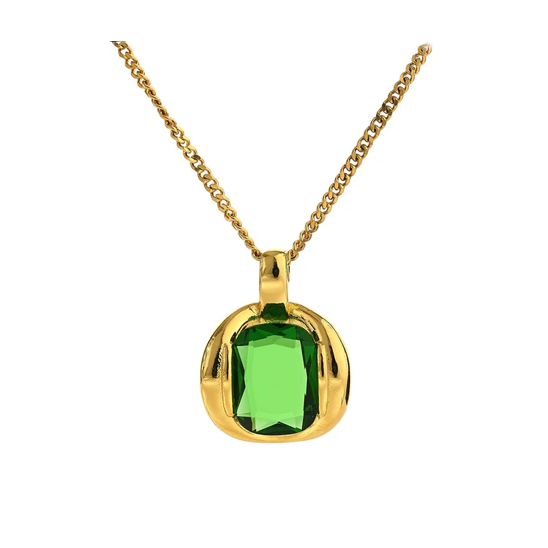 JINYOU 1355 Fashion Green Glass Crystal Pendant Necklace Ring Stainless Steel Jewelry Set 18k Gold Waterproof Bijoux