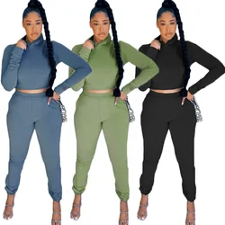 RX-8365# Hot selling custom logo ladies casual two pieces crop top 2 pc long sleeve fall women sweatpants and hoodie set
