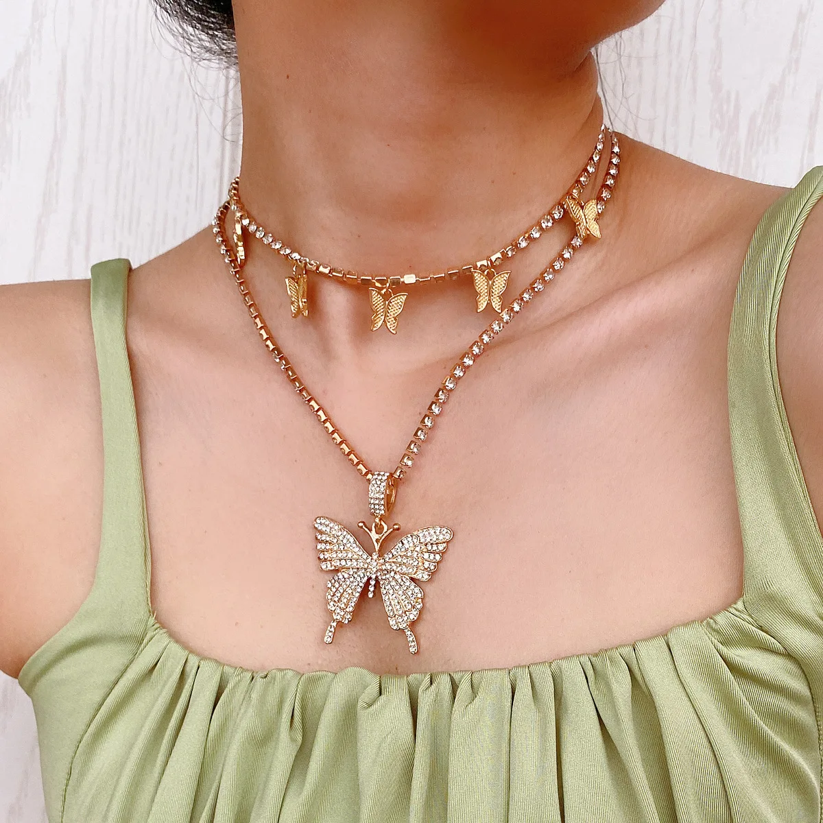 

bohemian big butterfly pendant Necklace fashion gold color multilayer tennis chain necklace for women