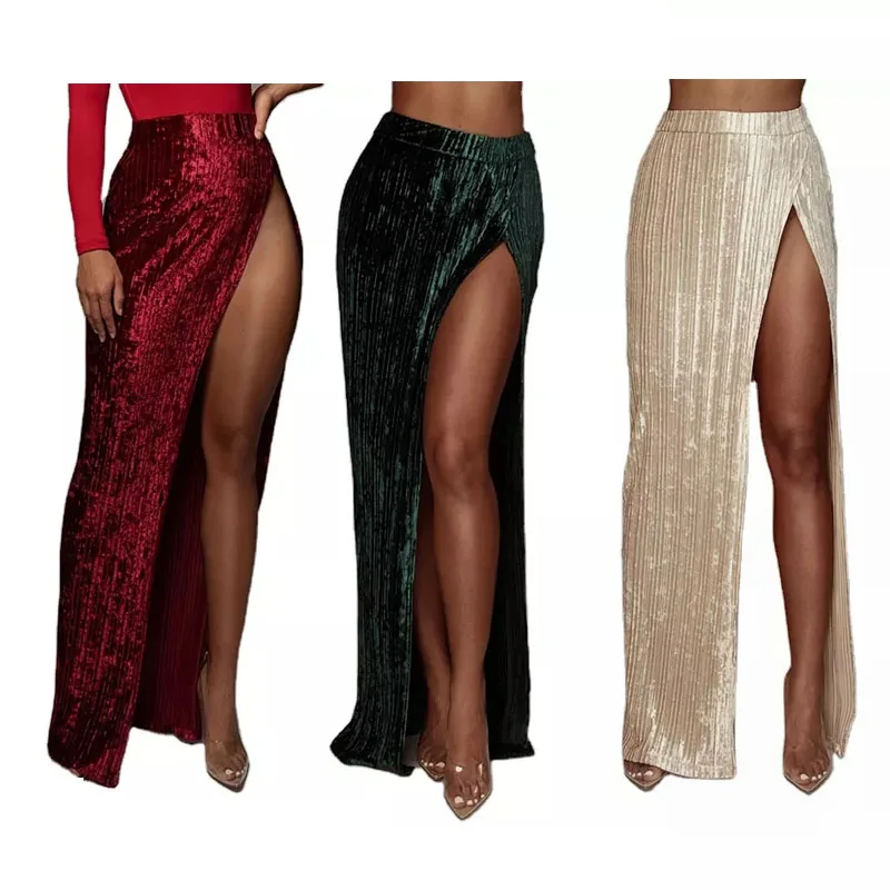 

2021 New Spring Summer Women Sexy Velvet Skrit High Split Pleated Skrit For Women With Wholesale Price, 4 colors