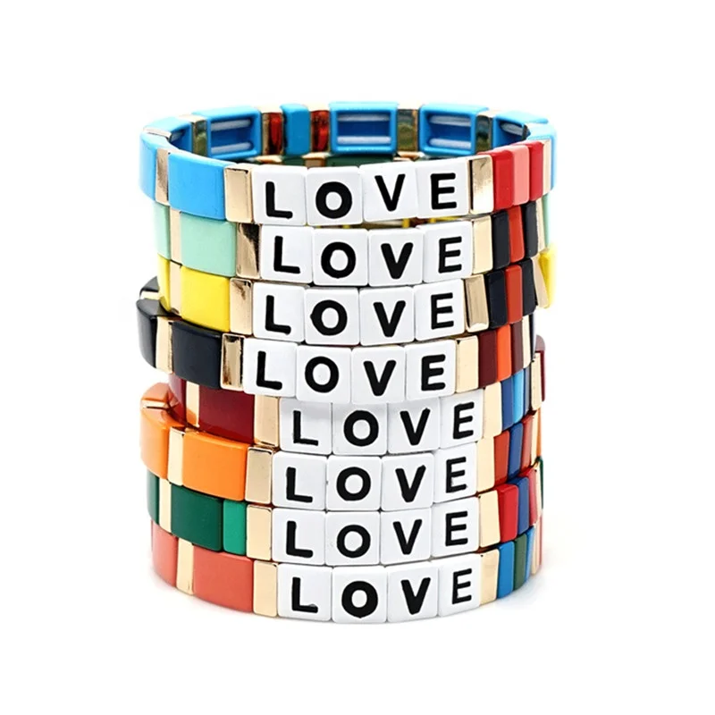 

Wholesale DIY Letter Bracelet Rainbow Color Enamel LOVE Bohemia Style Handmade Unisex Stretch Bead Rainbow Tile Alloy Bracelet, Picture
