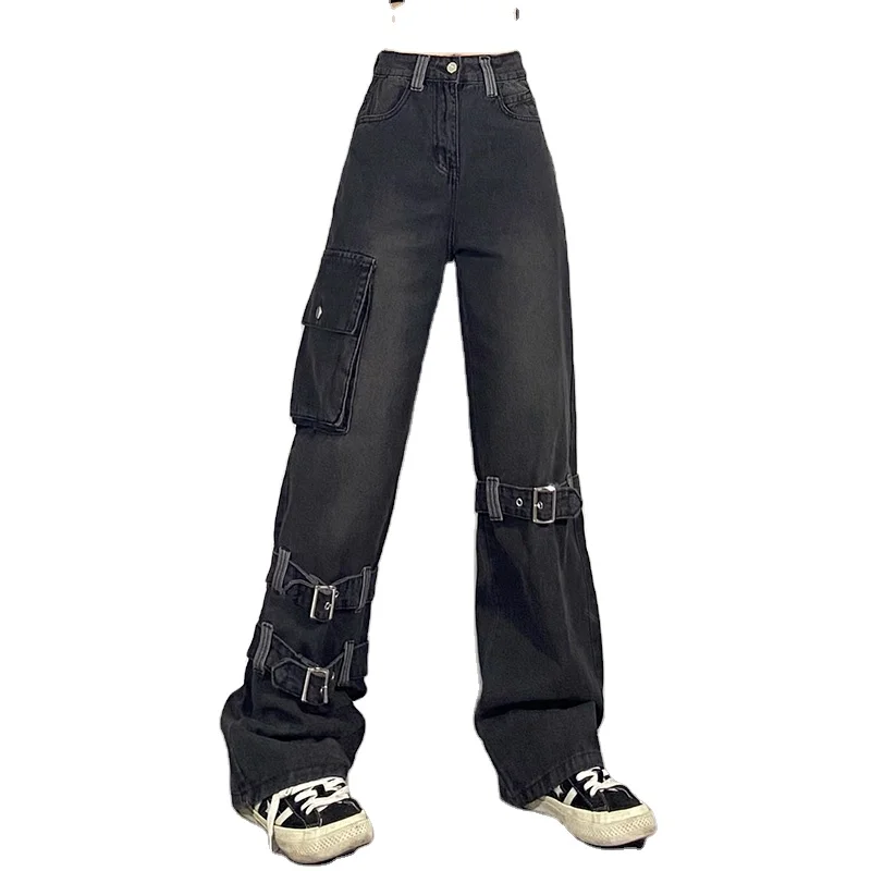 

High Street Zipper Binding Jeans Women's Spring 2021 New High Waist Straight Loose Pocket Denim Cargo Pants 5B349