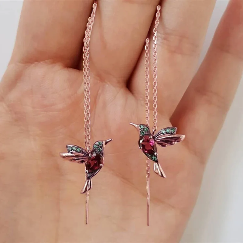 

Colorful Flying Hummingbird Crystal Silver Gold Rose Gold Hypoallergenic Bird Long Tassel Earrings, Gold;silver;rose gold