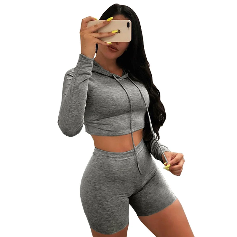 

Casual Outfits Tracksuit Sexy Slim Hooded Pullover Full Sleeve Tops Biker Shorts Streetwear Women Two Piece Set