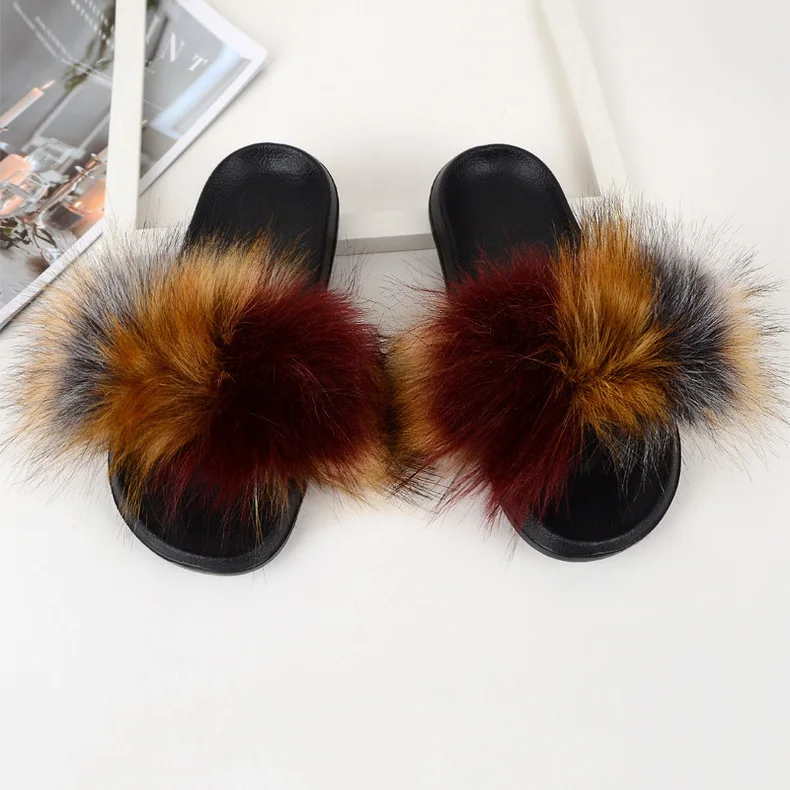 

women ladies bedroom faux fox mink lamb fur fluffy plush designer slides slippers with strap
