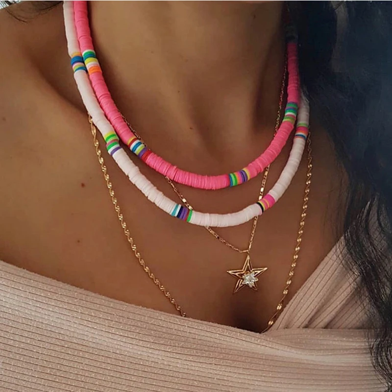 

Rainbow Color Heishi Necklace Choker Women Men Disc Vinyl Clay Bead Boho Necklace Summer African surf Couple Neck Jewelry Collar, Accept custom color